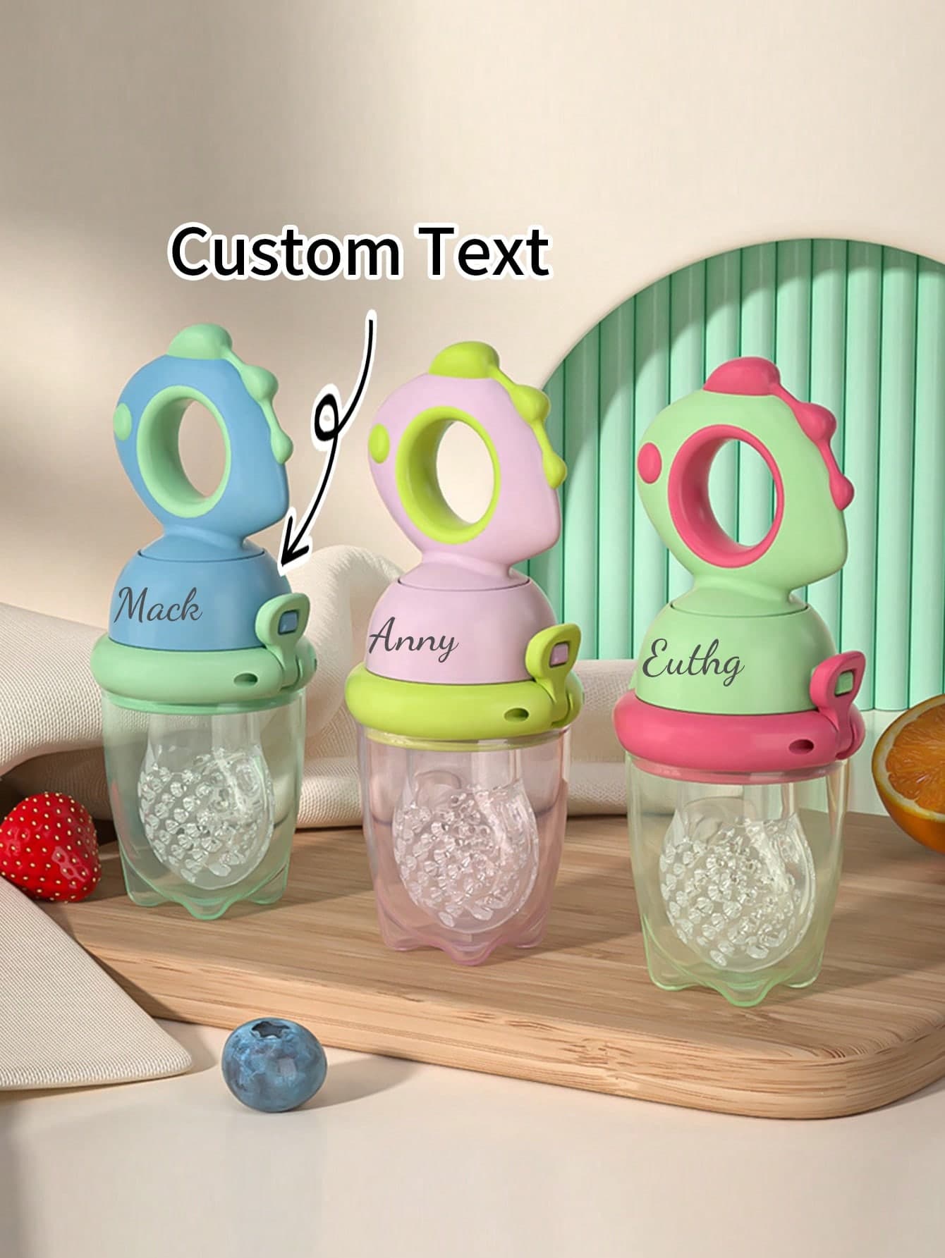 1pc Baby Silicone Fruit & Vegetable Chew Toy, Custom Name Logo Teether, Juice Feeder, Rotatable Push Feeding Utensil, Letter, Christmas Gift, Baby Shower Gift