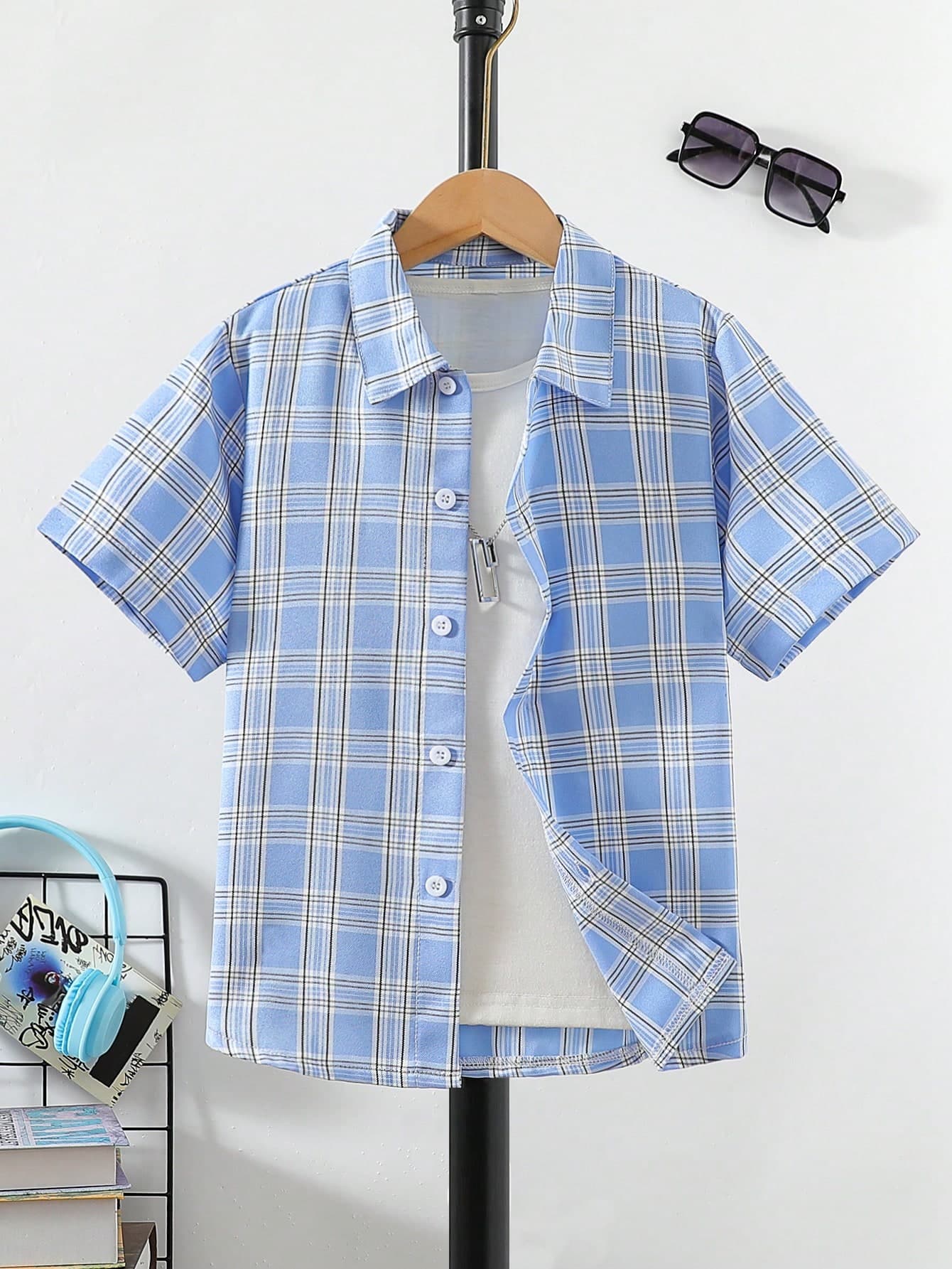 Boys' Casual Plaid Polo Collar Short Sleeve Shirt, Suitable For Daily Wear, Outing, Vacation, Party