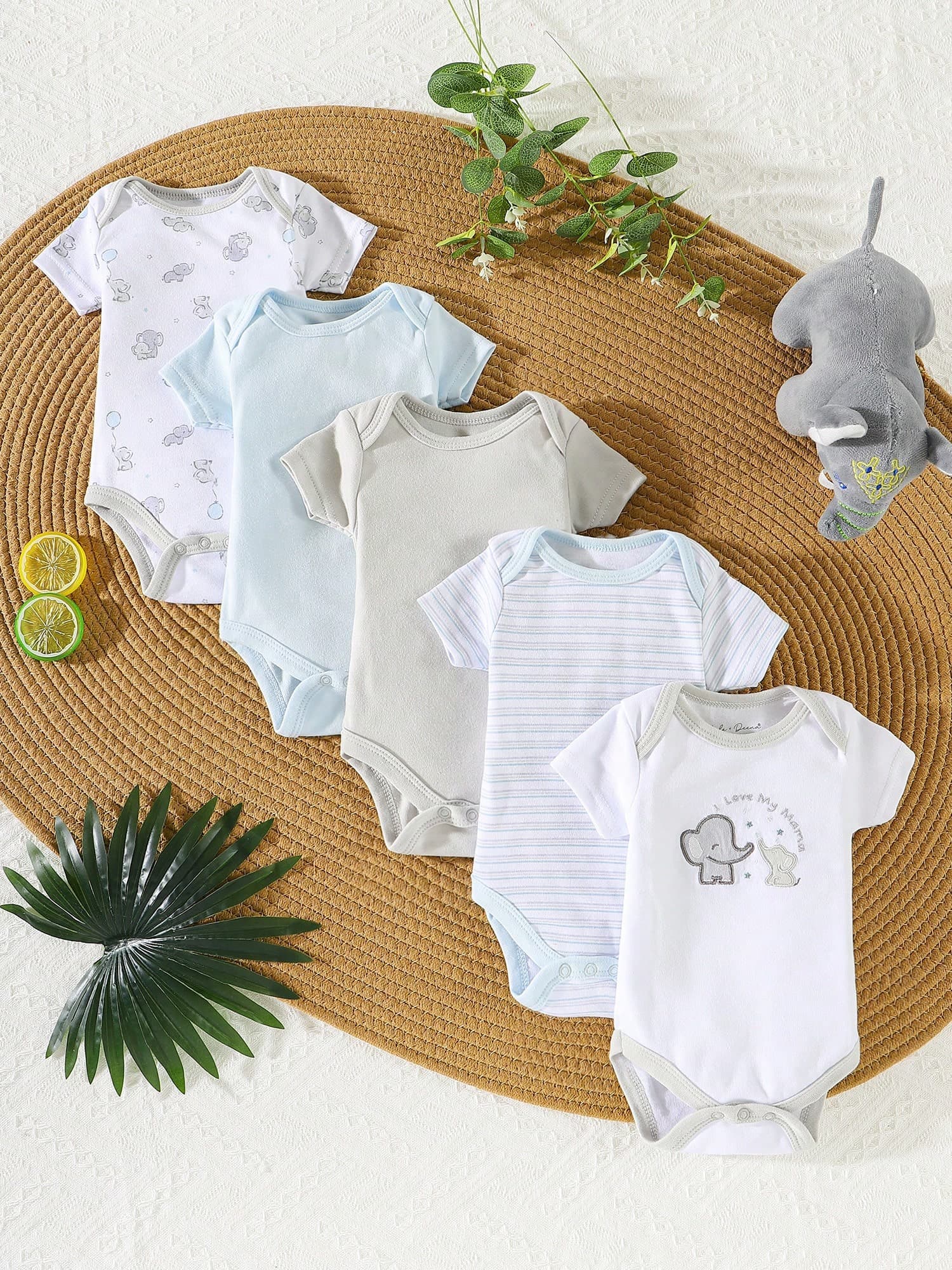 DILAVEL 5pcs Elephant Embroidery Pattern Round Neck Short Sleeve Printed Baby Triangle Bibs, Spring Summer Autumn Winter Outdoor Fashion Cute Style