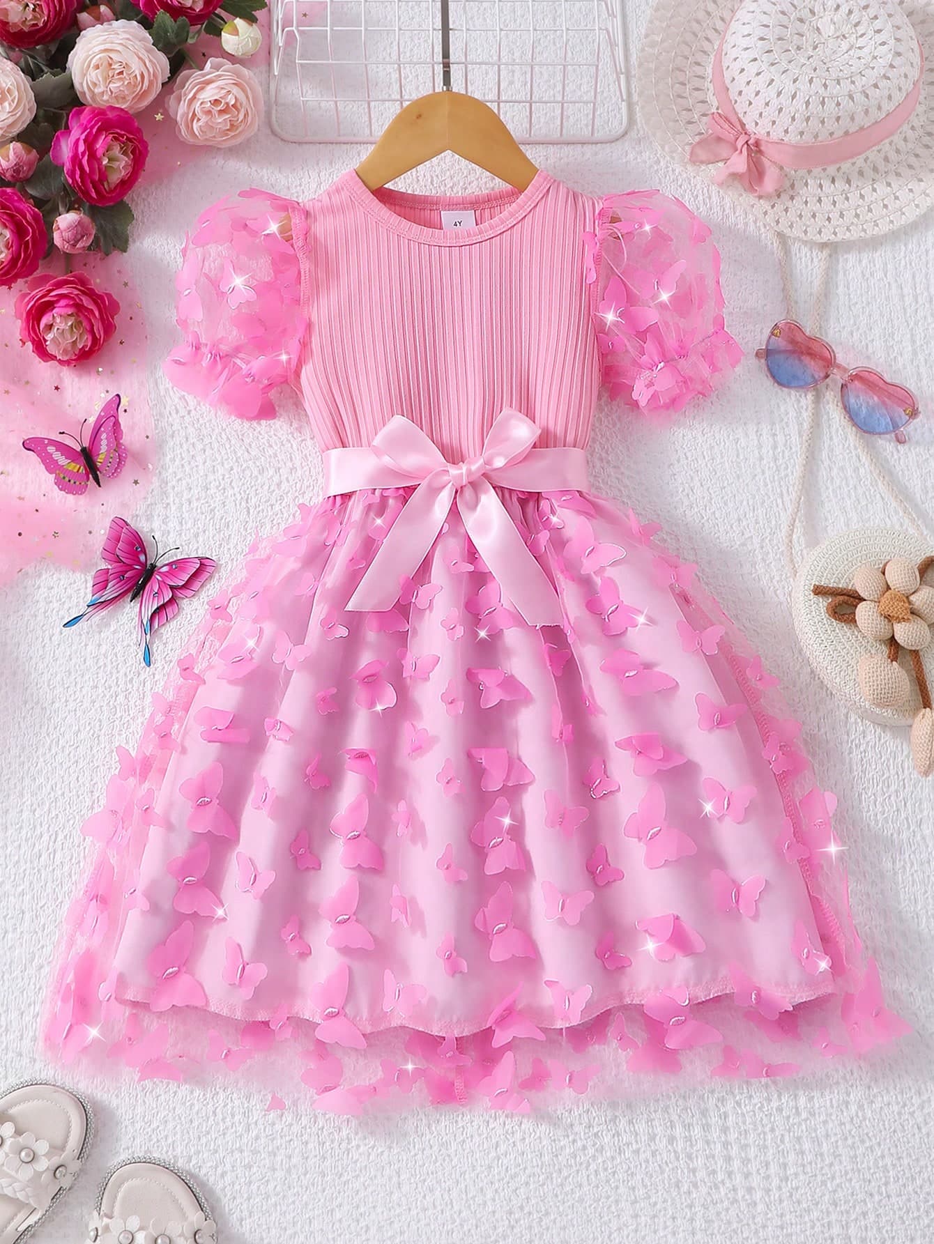Girls Toddler Pink 3D Butterfly Mesh Dress, Sweet Round Neck Short Puff Sleeve Princess Dress, Suitable For Daily Wear, Birthday Party, Vacation In Summer