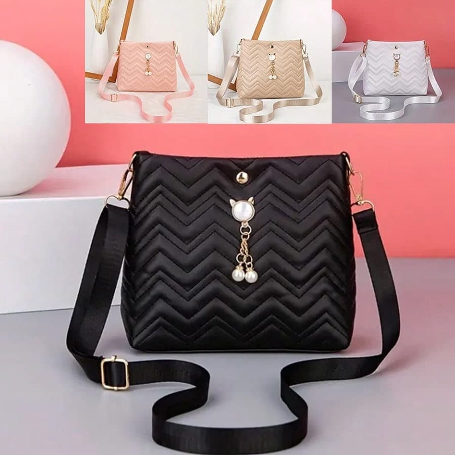 Women's Shoulder Bag With Wavy Striped Quilted Design, Cat Pearl Pendant And Magnetic Closure Fashion Handbag