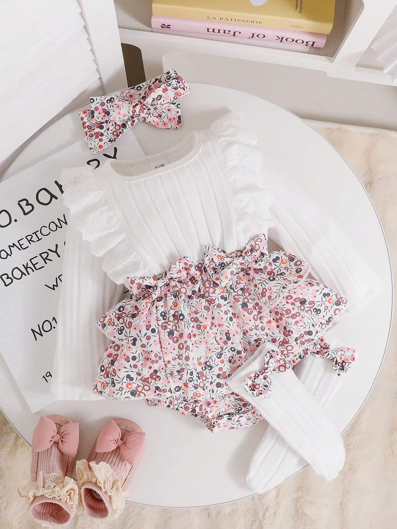 Spring/Summer 3pcs Baby Girl Set: Cute Cap Sleeve Bodysuit & Ditsy Floral Headband & Bow Socks