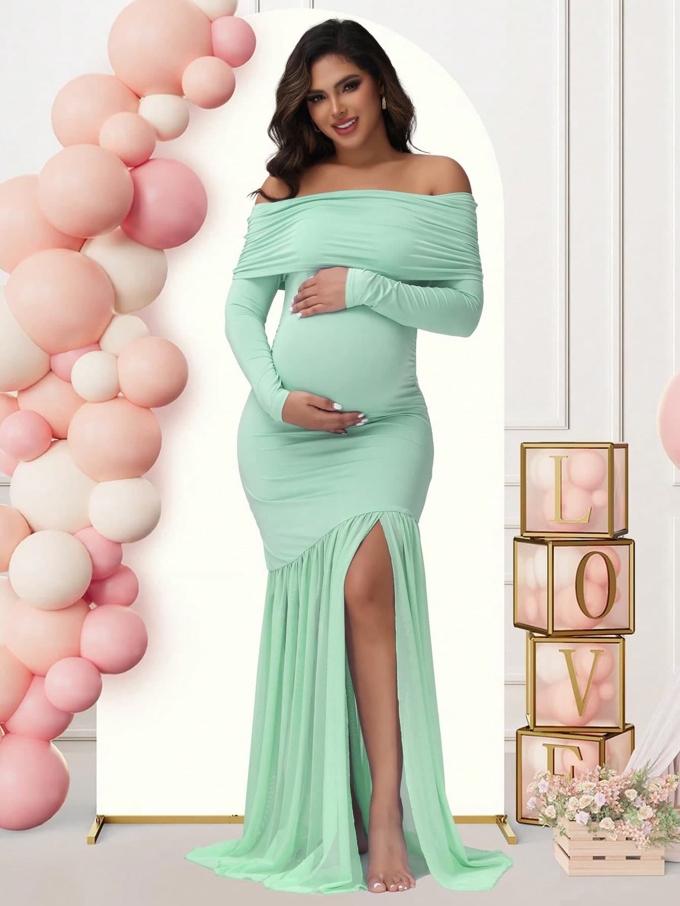 JustVH Maternity Off-Shoulder Long Sleeve Dress, Solid Color Mesh Patchwork Slit Hem Gown, Suitable For Baby Shower Party Photo Shoot Spring