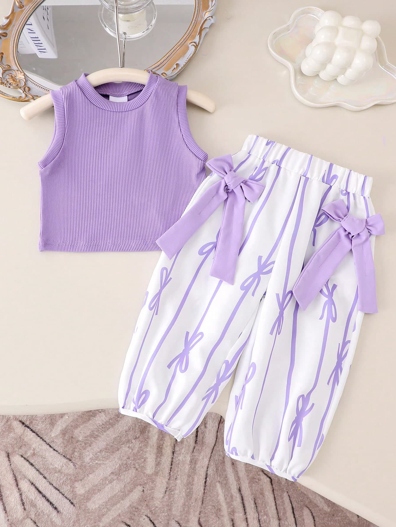 2pcs Baby Girl Casual Comfortable Tank Top And Long Pants Set, Thin Summer