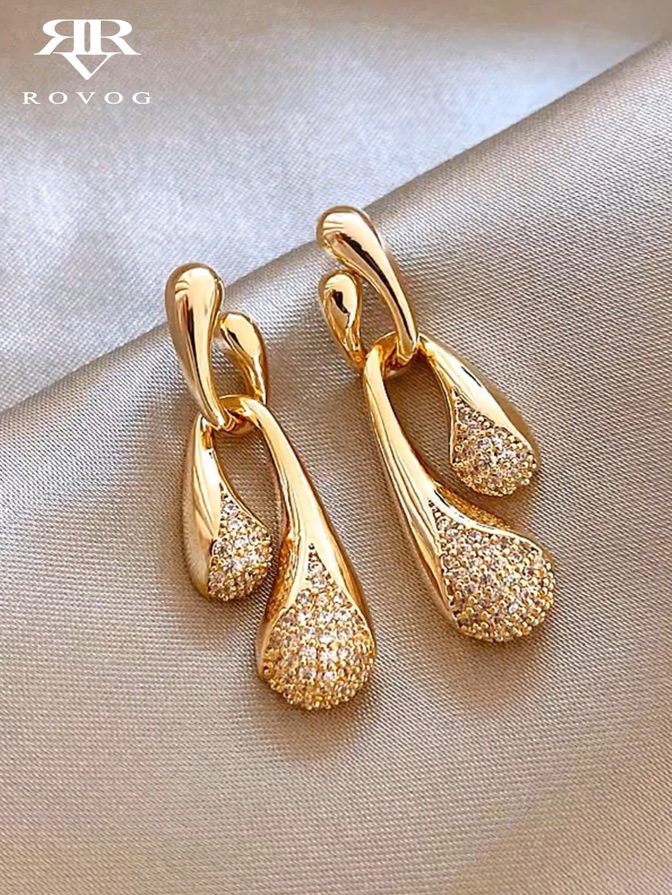 1 Pair Asymmetrical Golden Embedded Glass Teardrop Unique Luxury High-End Fashion Elegant Everyday Wear Earrings For Women