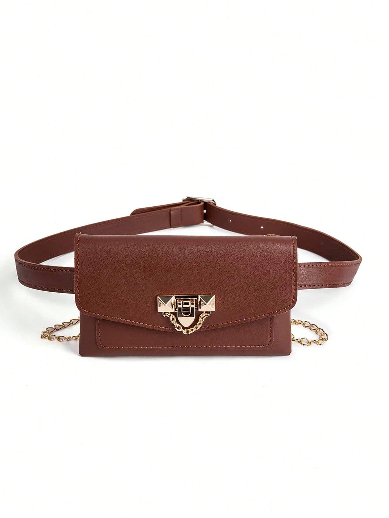 1pc Vintage Fashion Chain & Buckle Decorated Women Leather Belt Bag, Daily Commuting Wallet Mobile Phone Pouch, Niche Design Waist Bag