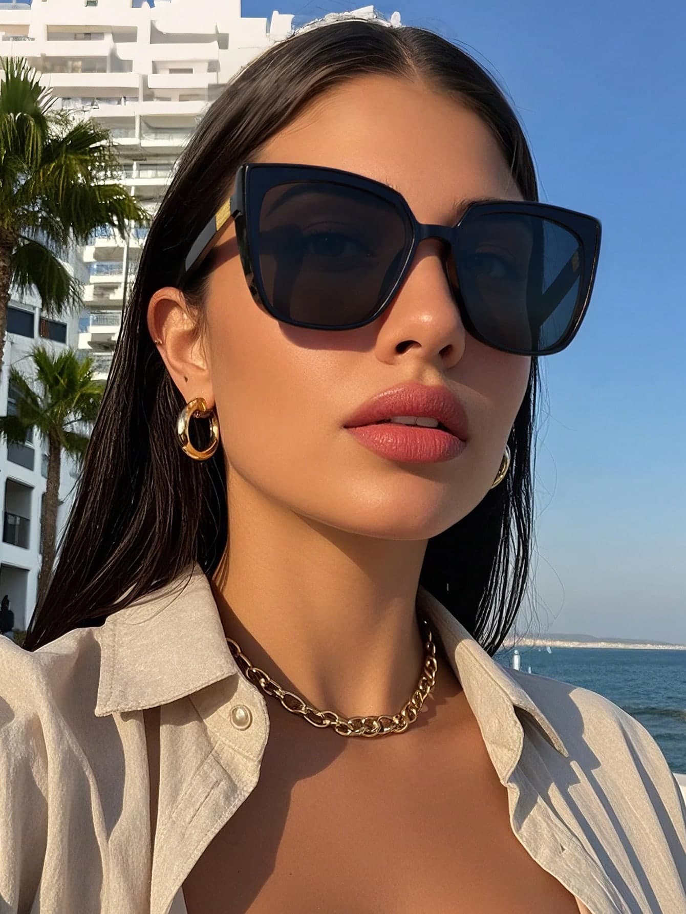 1 Pair Women's Black Large Frame Square Premium Fashion Sunglasses, Suitable For Family Outings, Travel, Holiday Outfits, Sports Style, Driving, Beach, Outdoor Wear, Summer Accessories, Vacation, Golf, Hiking