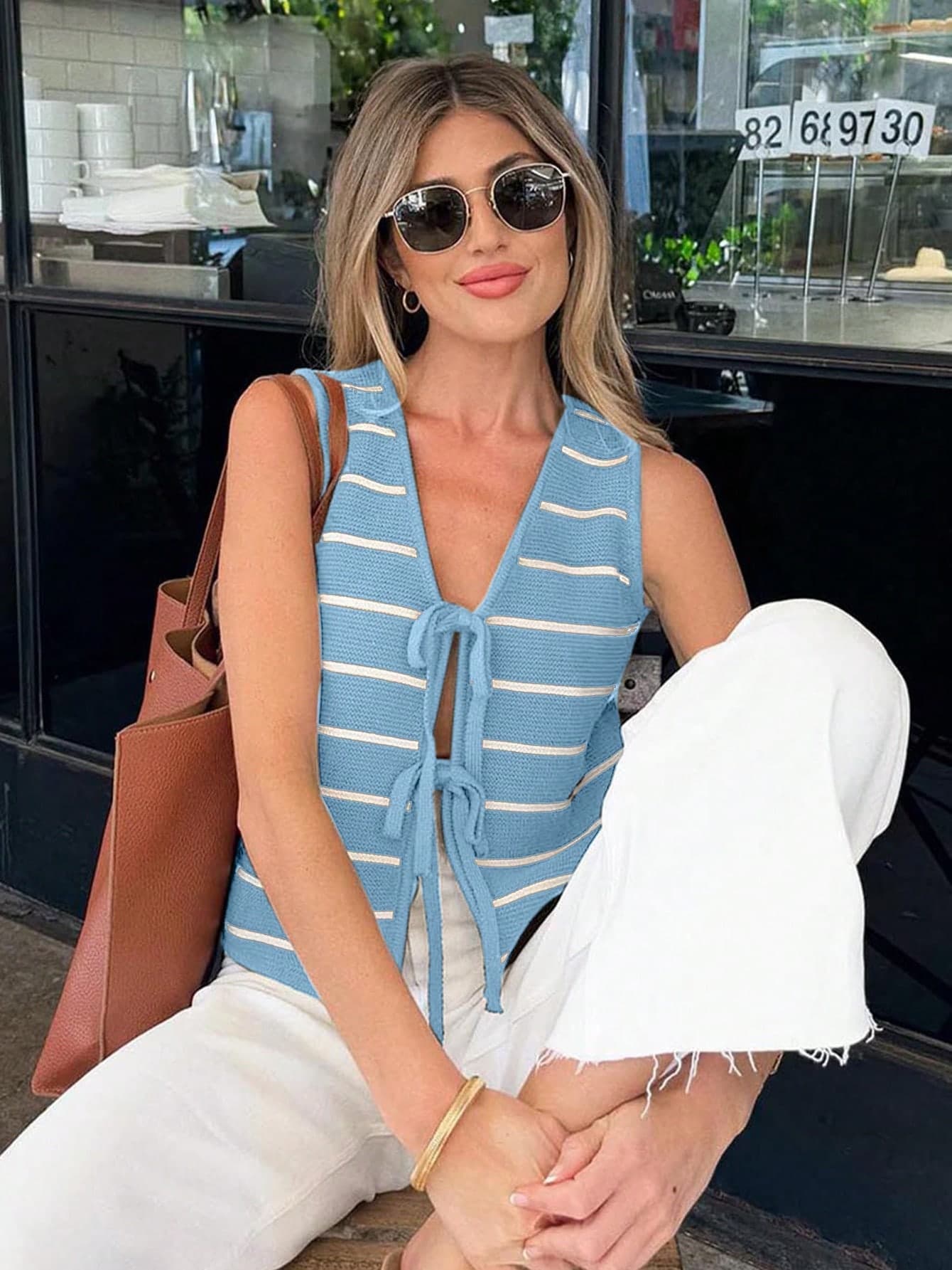 Joy Knit Women's Spring/Summer New Knitted Top - Casual Minimalist V-Neck Striped Tie-Front Bowknot Vest Cover Up Vacation Beach