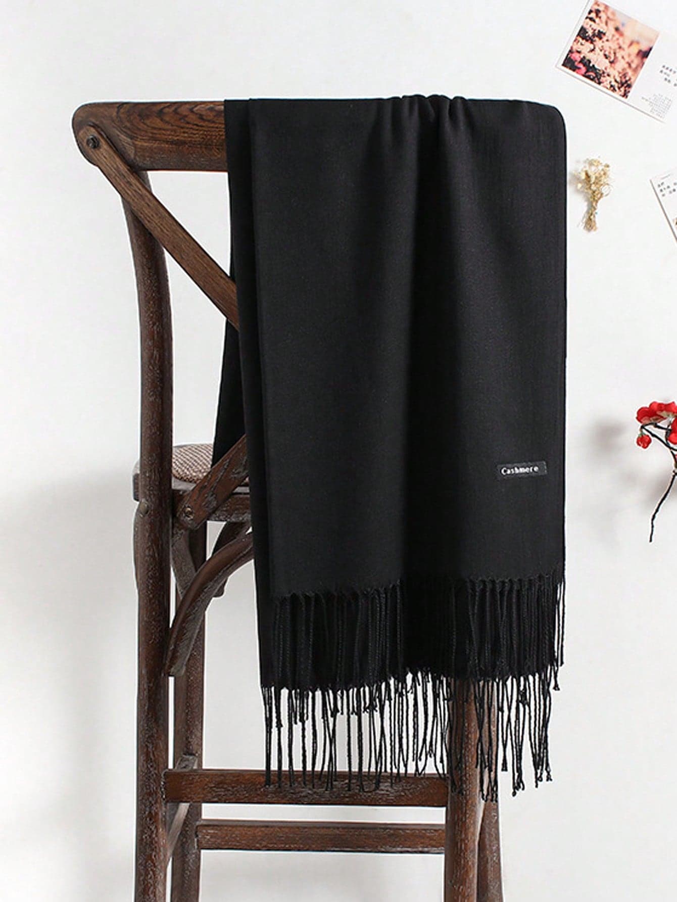 1pc/2pcs Women Black Tassel Thin Long Faux Cashmere Scarf, Minimalist Warm Shawl Wrap, For Daily, Seasonal Wear, Outings, Gifts