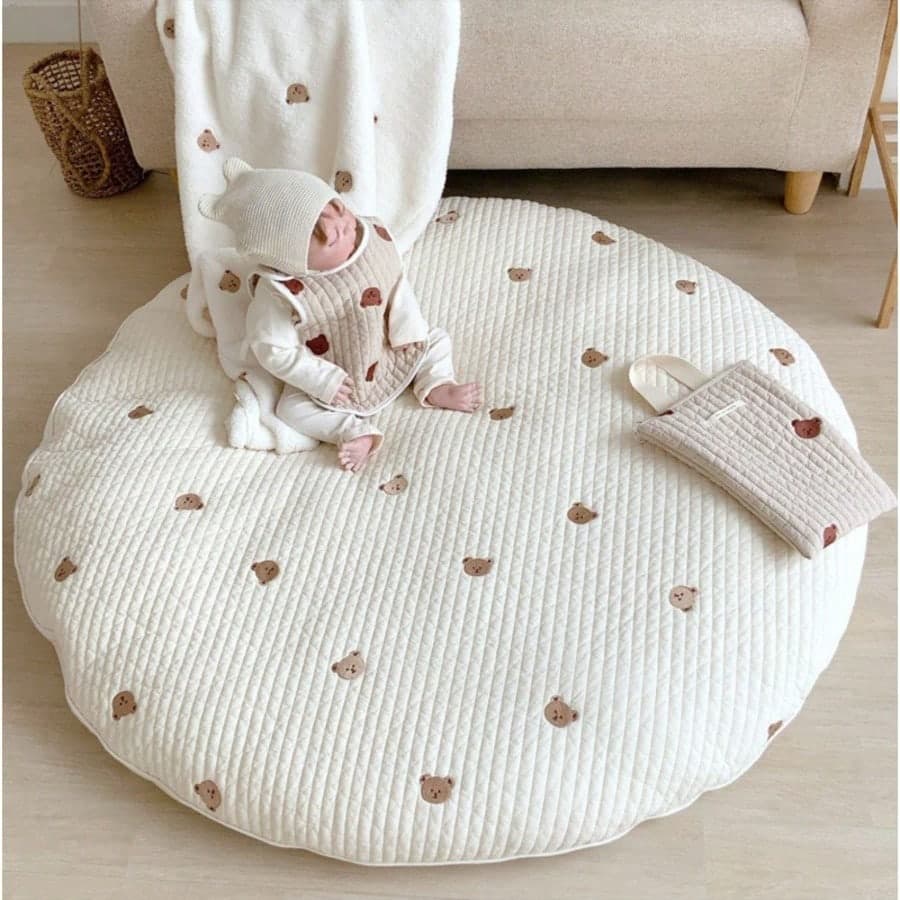 1pc Infant Round Crawling Mat, Washable, With Elegant Embroidery, Children's Playroom Carpet