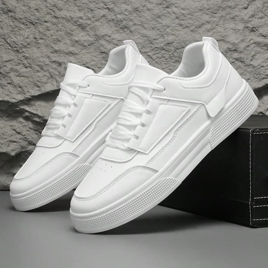 OBOVAY Men's Pure White Patchwork Couple Comfortable Versatile Outdoor Casual Shoes, Fashion Minimalist Sports Flat Shock-Absorbing White Sneakers