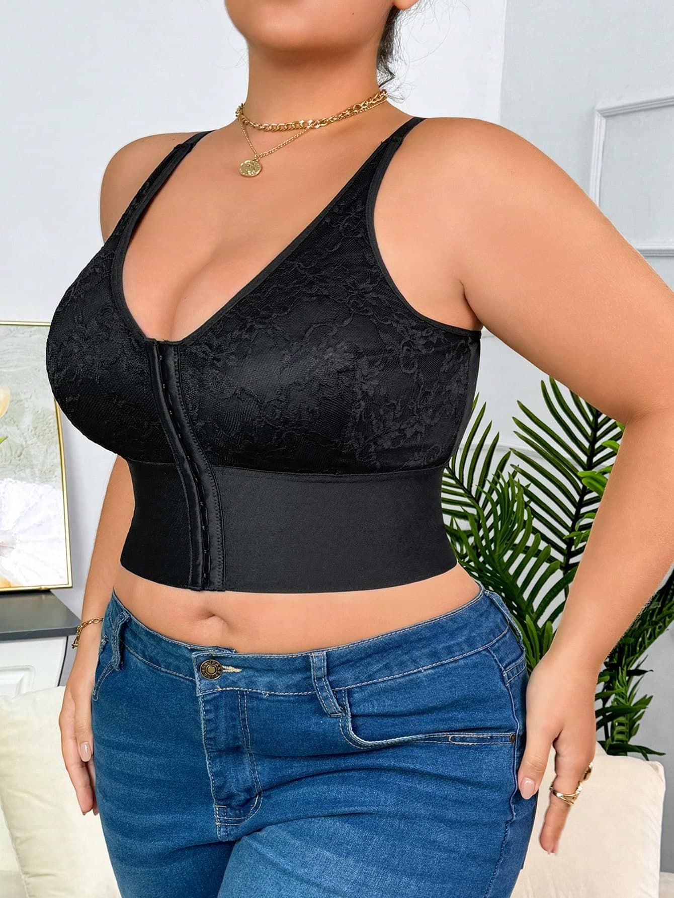 1pc Women Plus Size Solid Color Casual - Comfortable Minimalist Lace Insert Front Button Bra, All Season