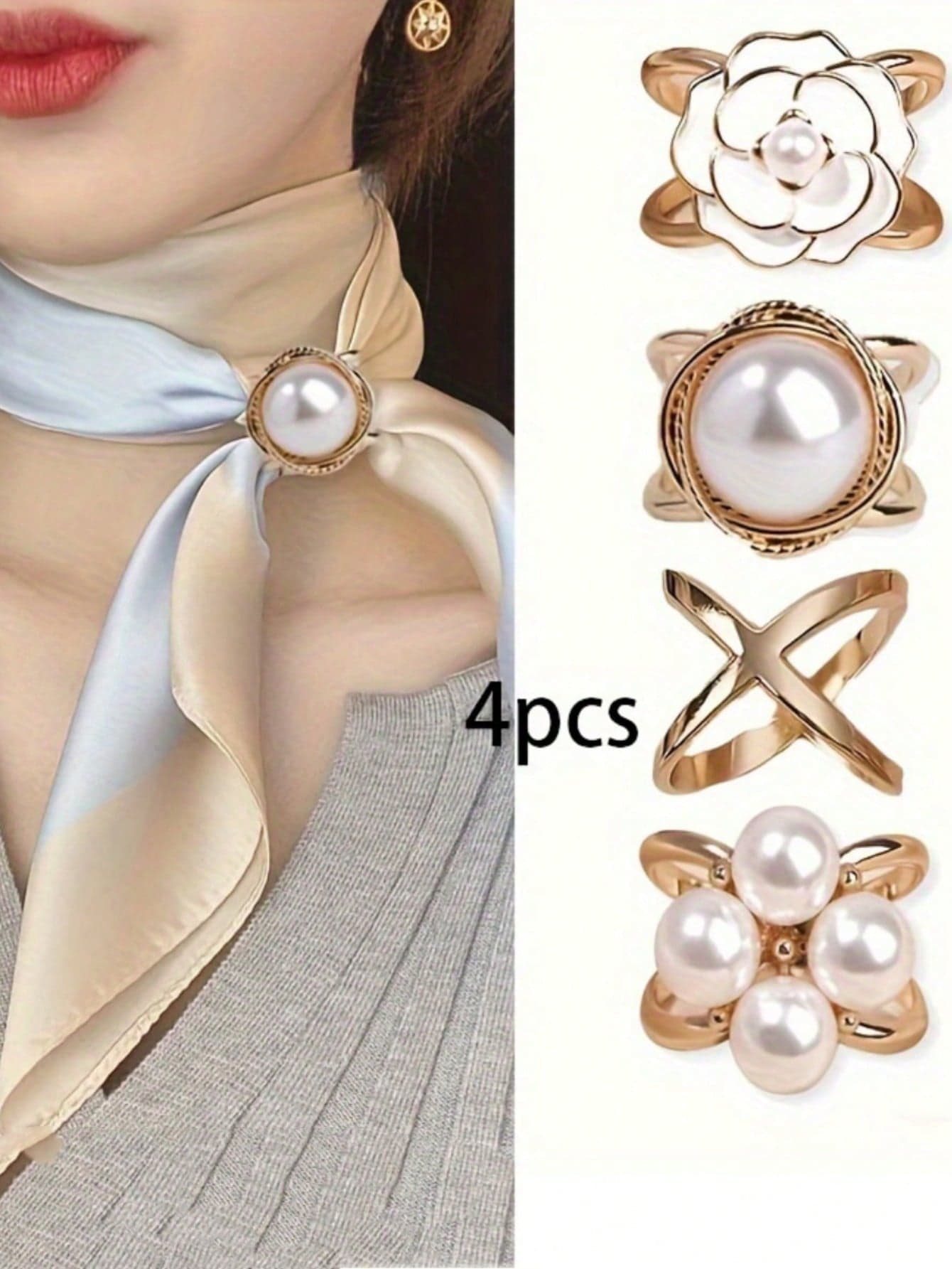 4pcs Scarf Buckle Set, Fashion Camellia Pearl Scarf Clips, Alloy X-Shaped Bohemian Style Shawl Clips