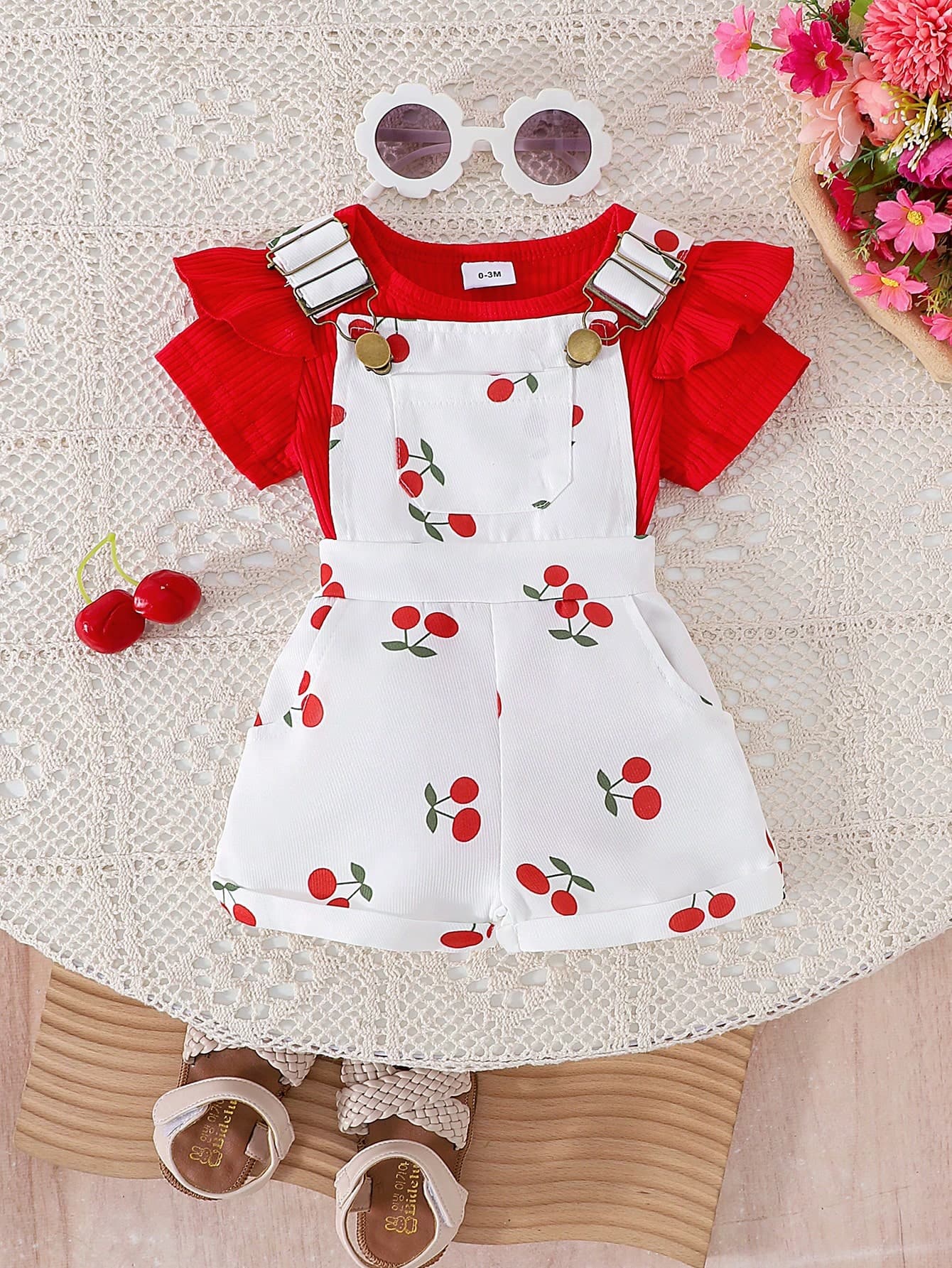 2pcs Baby Girl Cute Short Sleeve Ribbed Romper & Printed Suspenders Shorts Set, Lightweight Summer