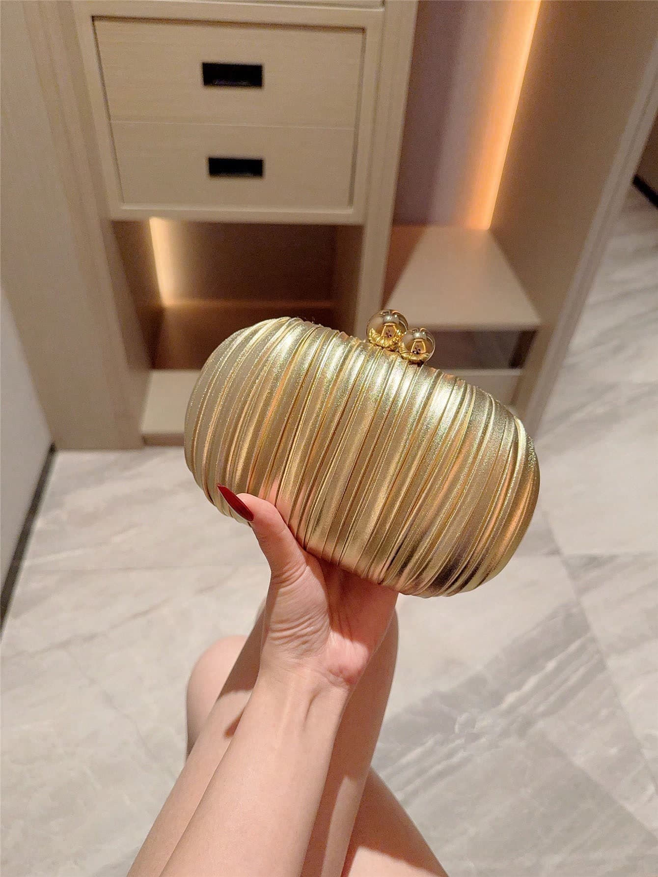 Moonlit Eve Bag: 1pc Glittering Pleated Mini Egg-Shaped Evening Clutch Bag With Elegant Metal Double-Faux Pearl Button Design, Wedding Items