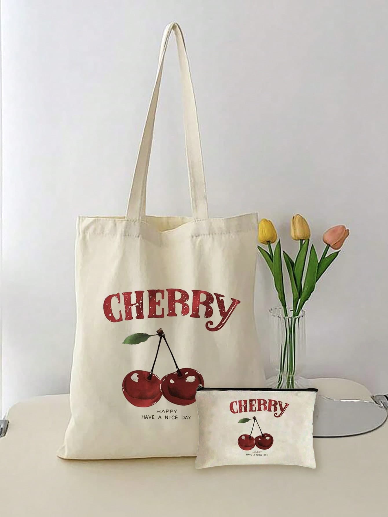 2pcs/Set Cute Cherry Print Handbag - Women's Fashion Tote Bag With Small Zipper Cosmetic Pouch, Reusable Shopping Bag, Compact Design For Daily Use