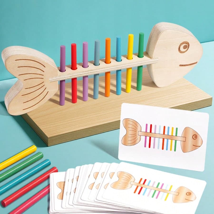 Color Matching Peg Solitaire Game, 30 Double-Sided Question Cards 60 Exercises, Improve Fine Motor Skills And Logical Thinking, Fish Bone Peg Toy