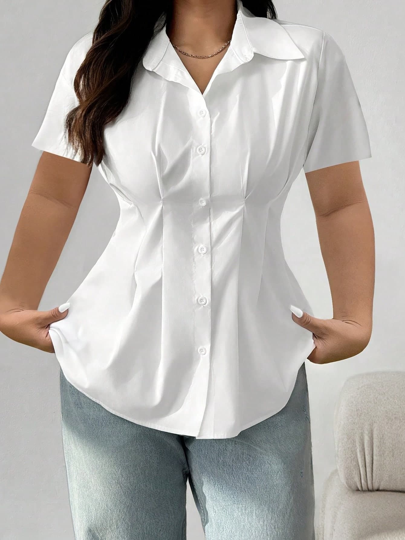 Plus Size Elegant Solid Color Short Sleeve Button Down Shirt - Casual Weekend Top, Collared, Non-Stretch Fabric, Suitable For All Seasons, Casual, Elegant Shirt, Fashionable Button Shirt White Summer