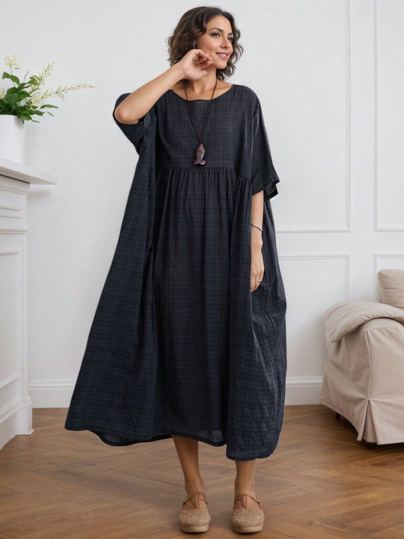 AZAH Bohemian Casual Vacation Dress For Women, Comfortable Short Sleeve Round Neck Long Plaid Batwing Sleeve A-Line Black House Dress Elegant Summer