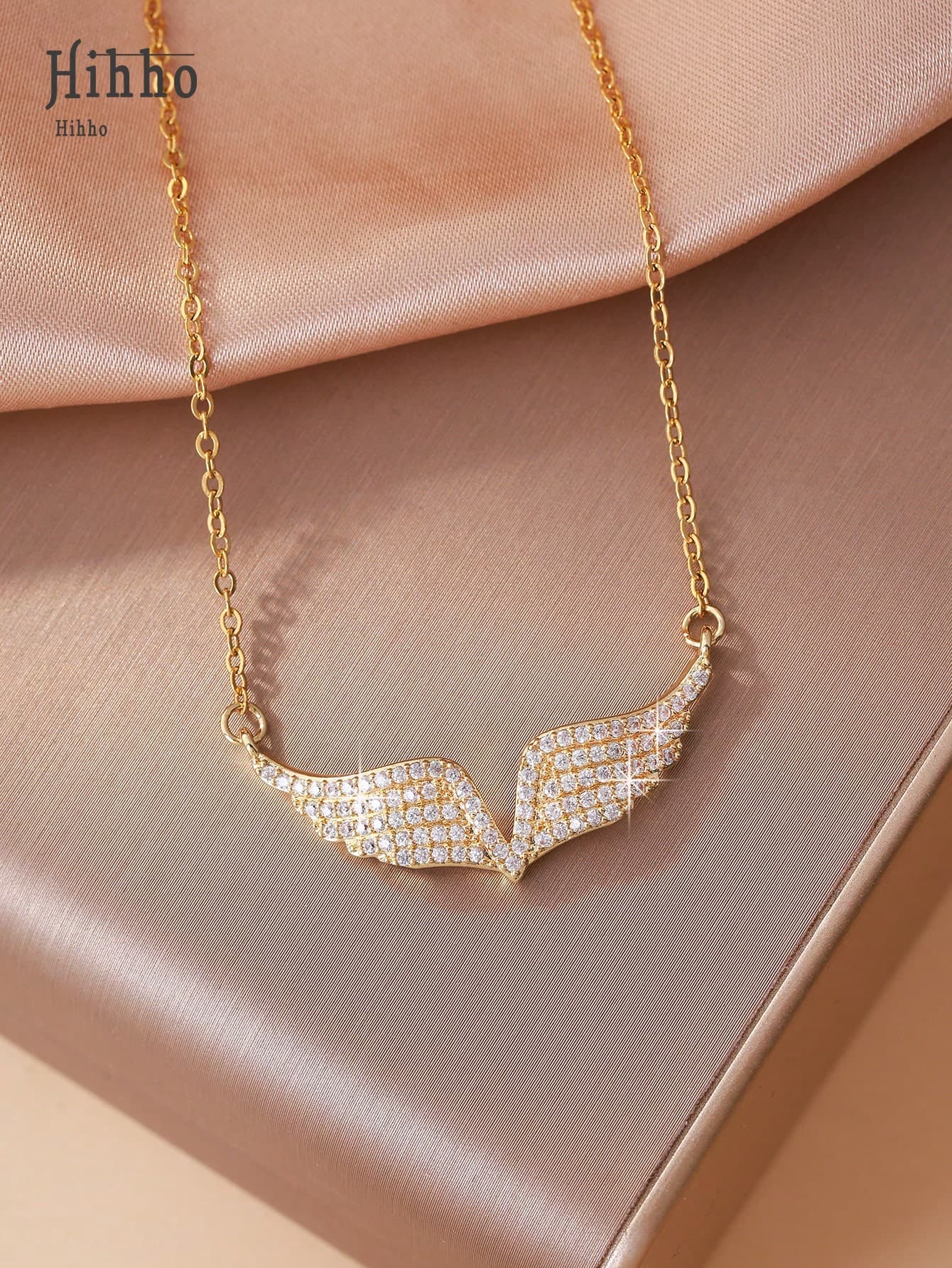 Hihho 1pc Fully Cubic Zirconia Studded Angel Wings Pendant Necklace For Women, Luxurious Jewelry Decoration Gift