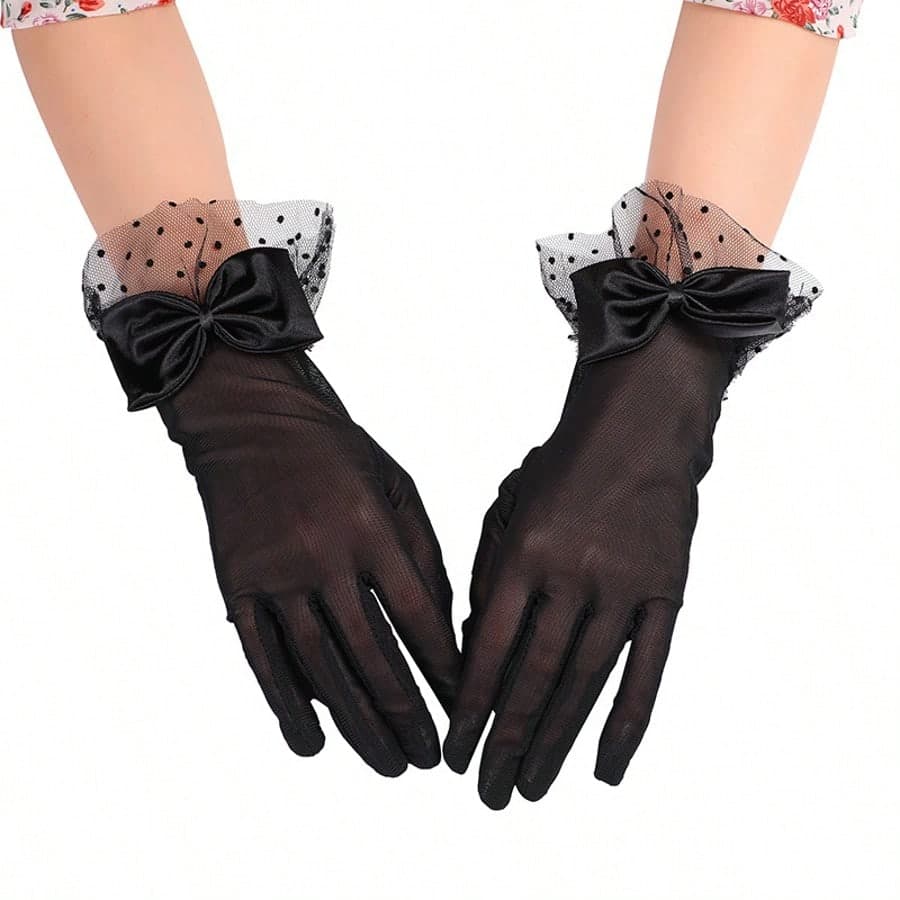 Mesh Bow Elastic Polka Dot Lace Sheer Sunscreen Thin Gloves For Women,Festival,Party