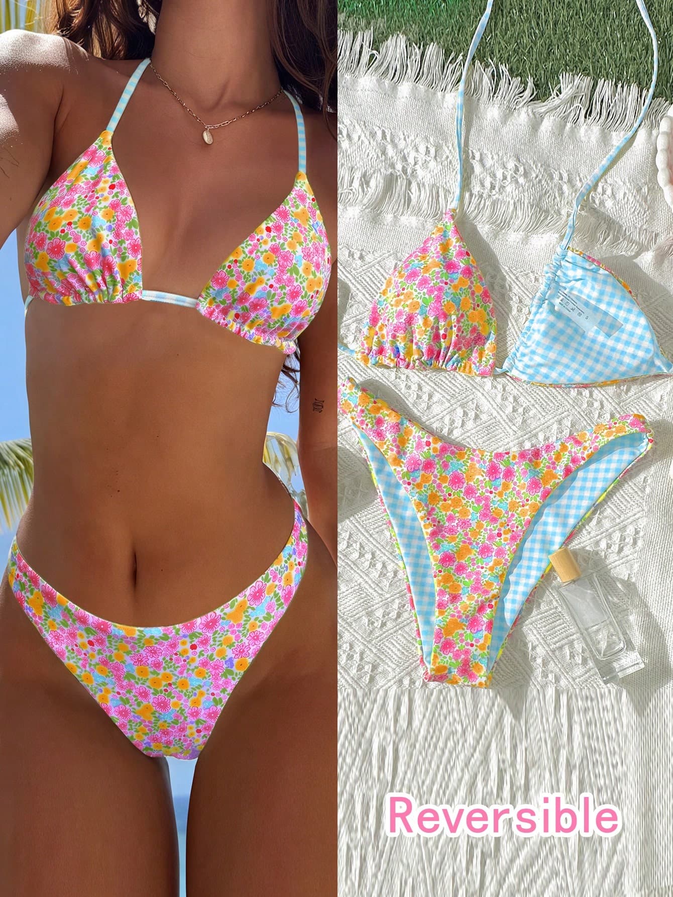 Women's Floral Print Bikini Swimsuit & Beach Outfit, Yellow Plaid Pattern, Summer Vacation Set