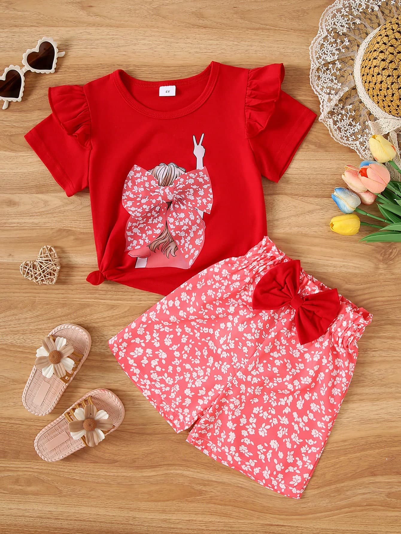 Summer Young Girl Casual Cute Character Back View Graphic Short Sleeve T-Shirt + Ditsy Floral Shorts 2-Piece Set