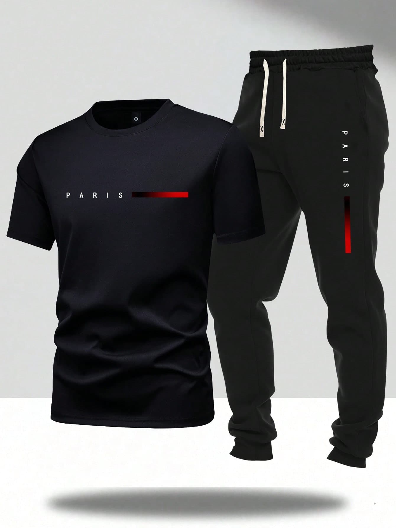 Men's Summer Paris Letter Printed Short Sleeve T-Shirt And Drawstring Pants Set, Casual Outfit For Outings, Suitable As Gift For Husband Or Boyfriend, Great For Outdoor Leisure Black Sports