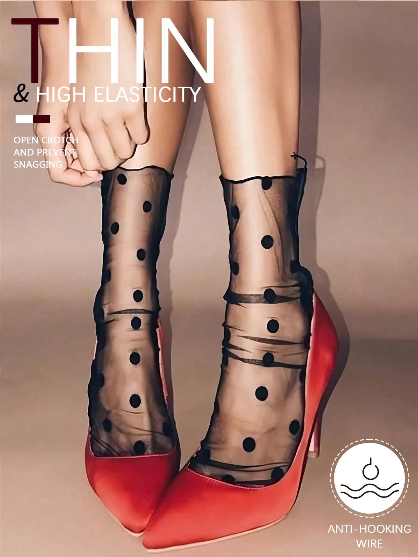 1 Pair Women's Sheer Mesh Stockings, Black Thin Socks With Classic Polka Dot Pattern, Made Of Selected Lightweight Mesh Fabric, Retro Fashion.