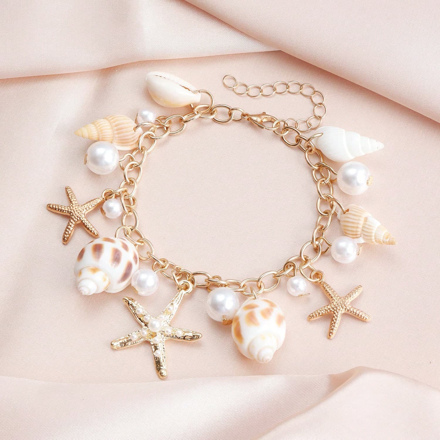 1pc Bohemian Style Alloy & Pearl Starfish Bracelet For Women, Summer Beach