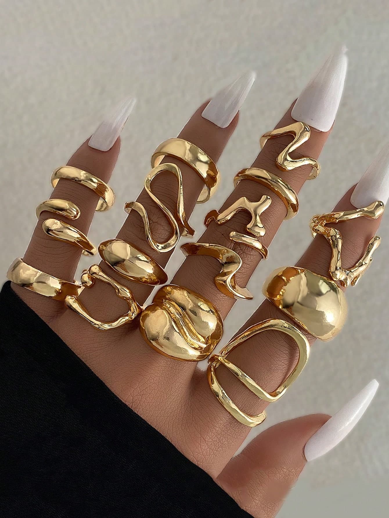 15pcs Set Exaggerated Alloy Polished Asymmetrical Lava Line Open Geometric Rings, Adult Gift