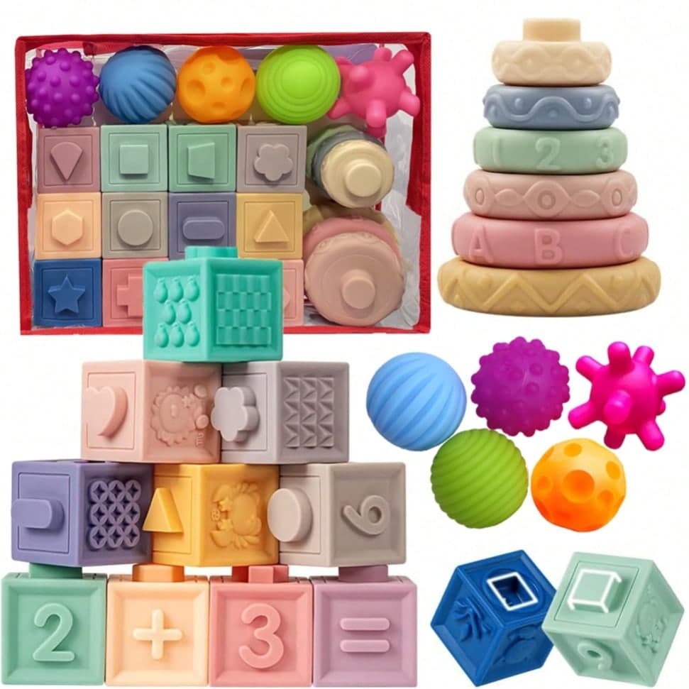 Baby Toys Montessori Toy For Babies 6-12 Months, Incl Stacking Building Blocks & Soft Infant Teething Toys & Sensory Balls For Toddlers 0-12 Month