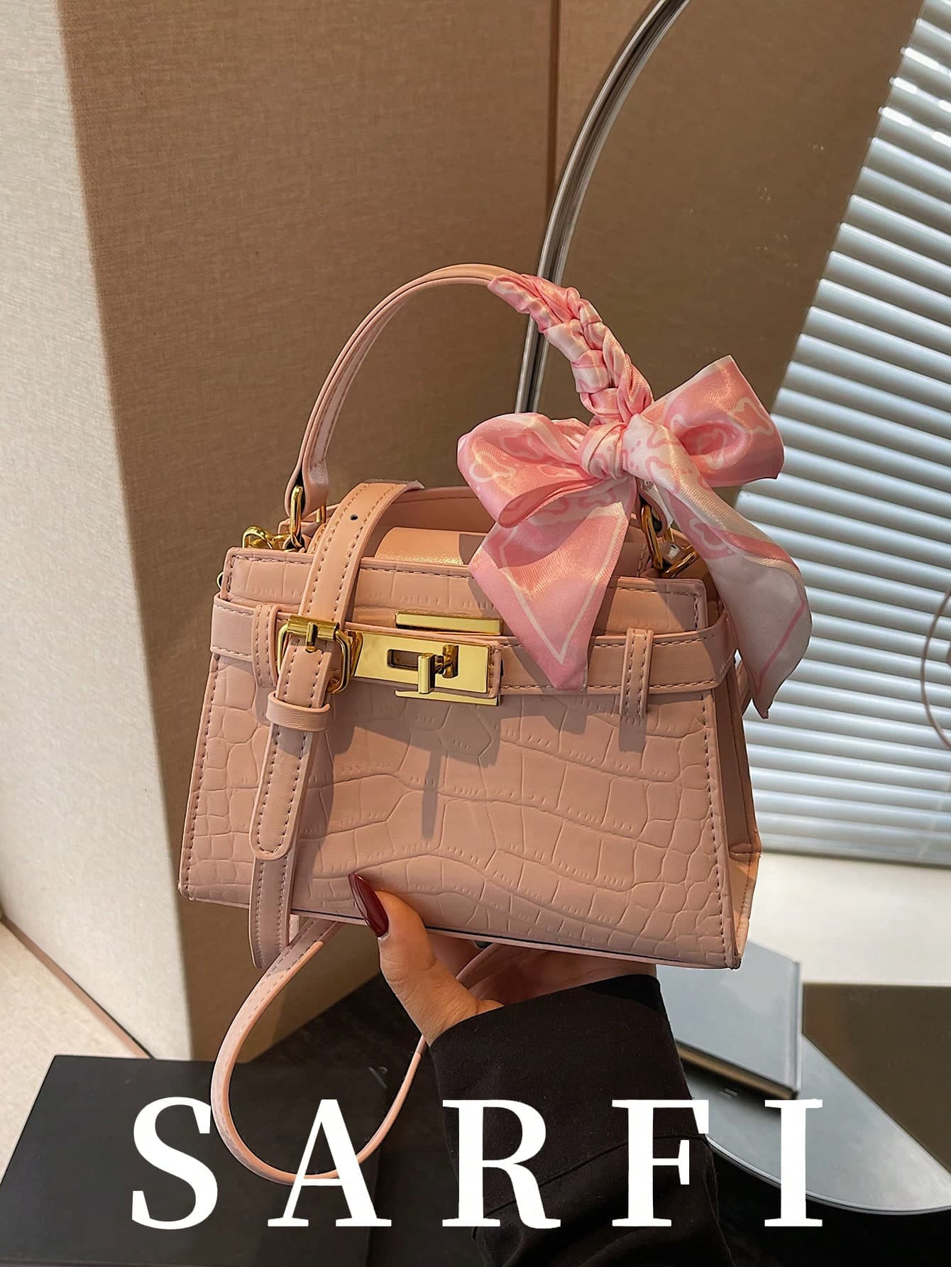 Luxury Crocodile Embossed Women's Handbag, Exquisite Fashion Metal Decor, Adjustable Shoulder Strap Crossbody Bag, Minimalist Style Strap Decor Commuter Bag, Magnetic Closure, Multi-Functional Lightweight Tote Crossbody Bag, Fashion Scarf Decor Design Handbag, Suitable For Gifts, Shopping, Dates, Business Travel, Vacation And Other Occasions. , Pink