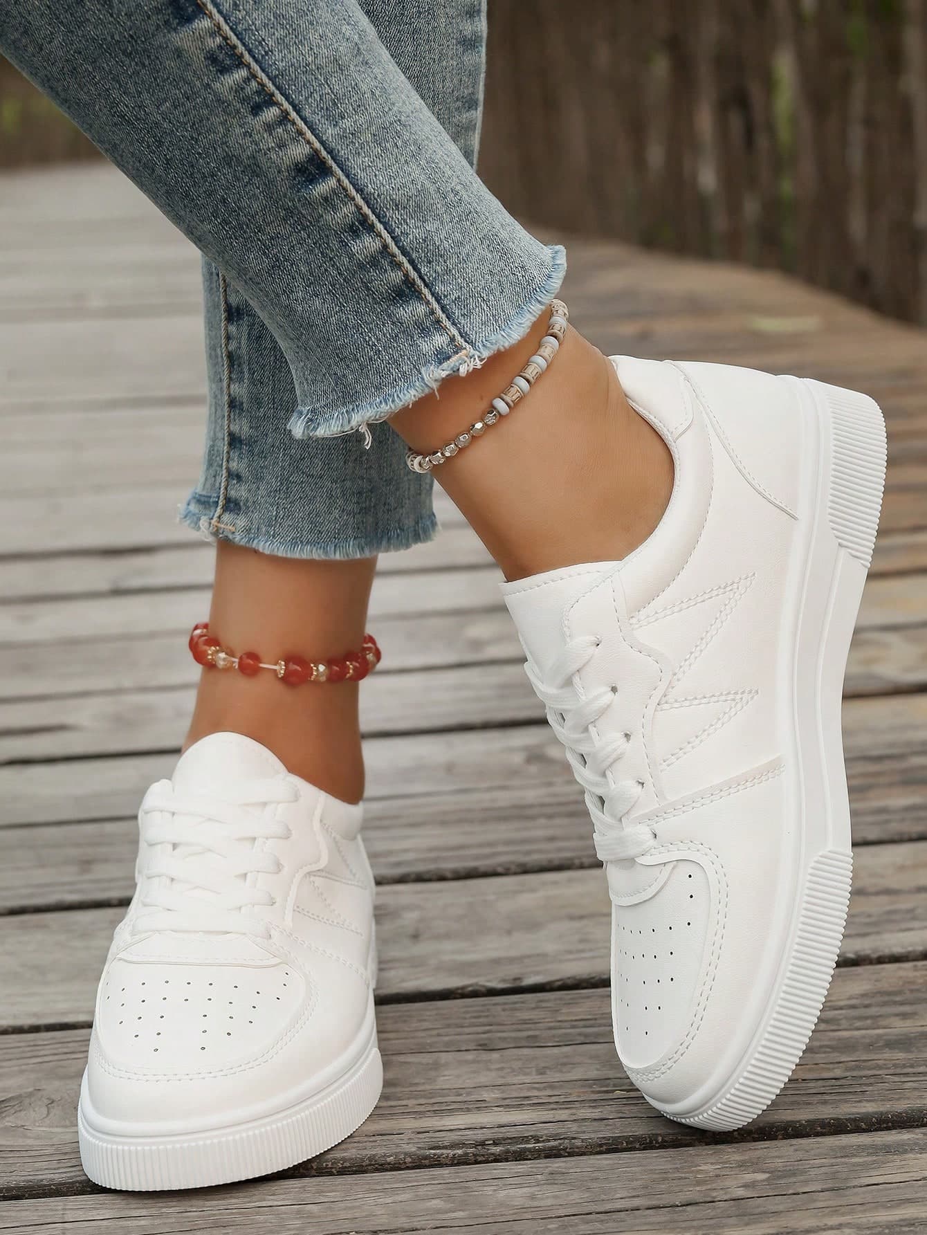 Women's Casual Sneakers, Breathable Perforated Design White Flat Athletic Shoes, Soft & Lightweight, Versatile Casual White Sneakers