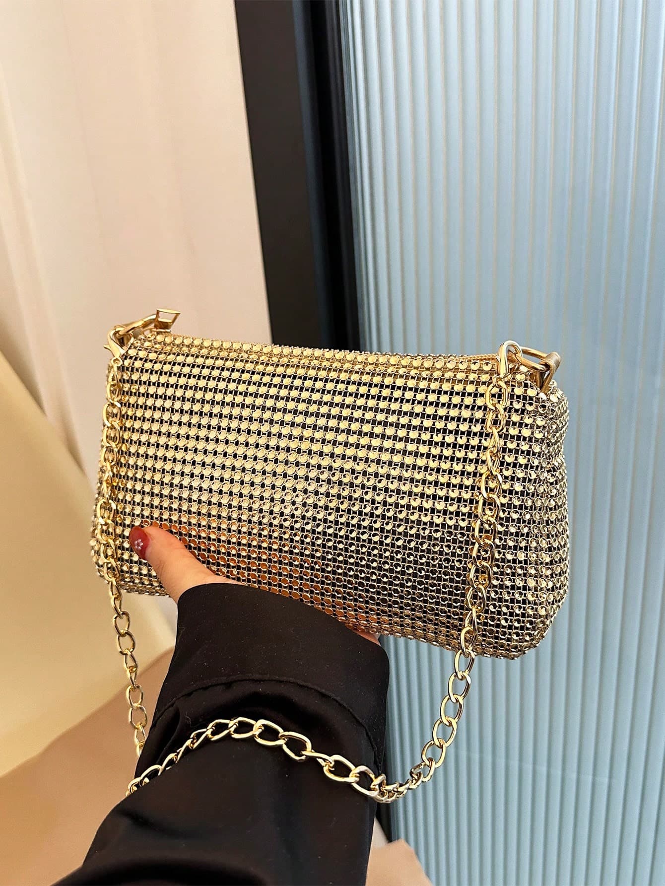 Glamine Rhinestone-Decorated Chain Strap Shoulder Bag, Zipper Fashion Evening Clutch, High-Quality Underarm Bag ,Wedding , Wedding