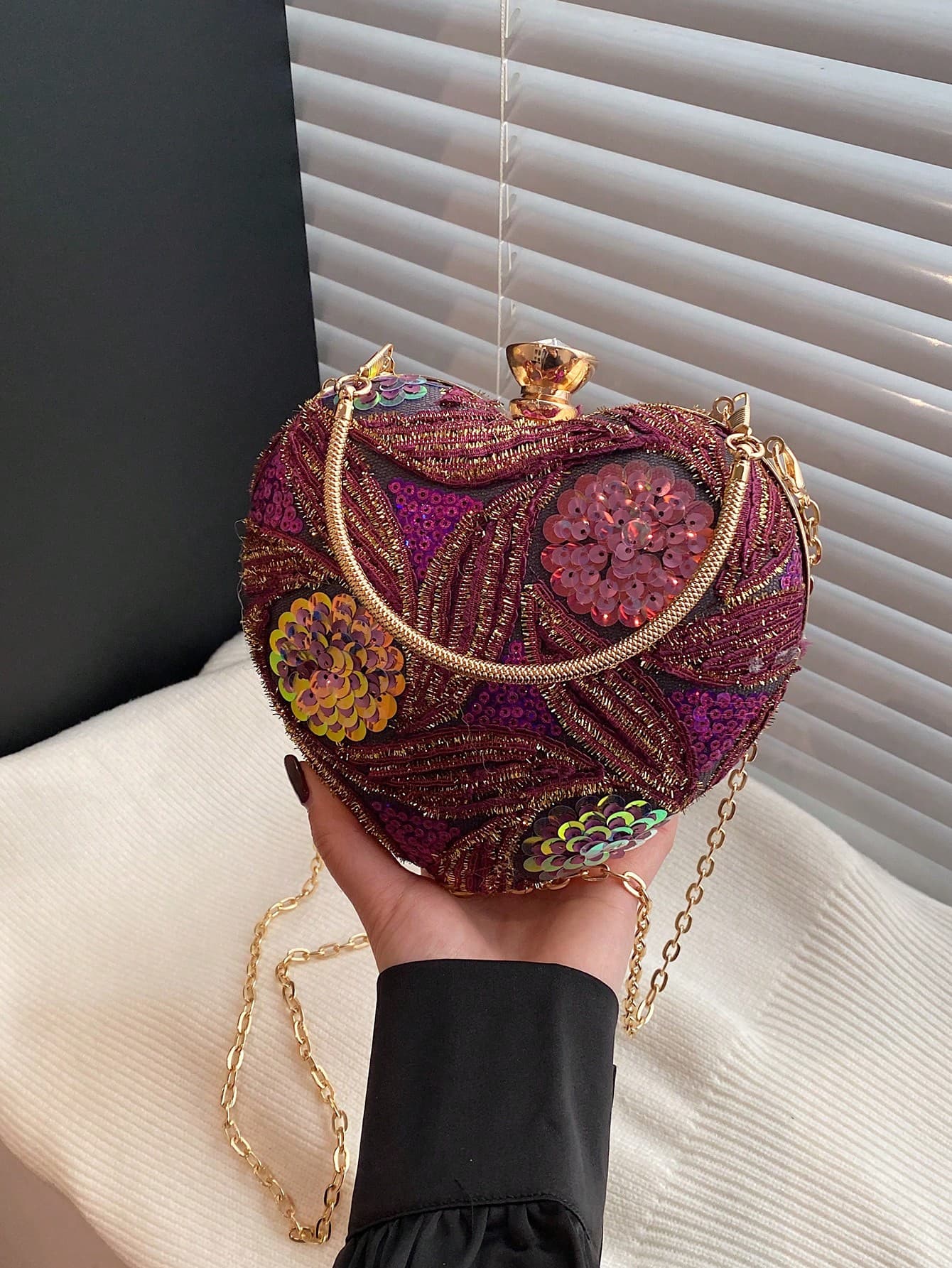 Floral Sequin Patchwork Asymmetric Handbag, Love Shape Heart Shaped Clutch Bag, Elegant Hardware Decoration, For Evening Party, Wedding, Vacation, Crossbody Chain Shoulder Bag, Lipstick & Coin Purse , Valentine's Day , Valentine's Day , Purple , Sequin, Party Bags