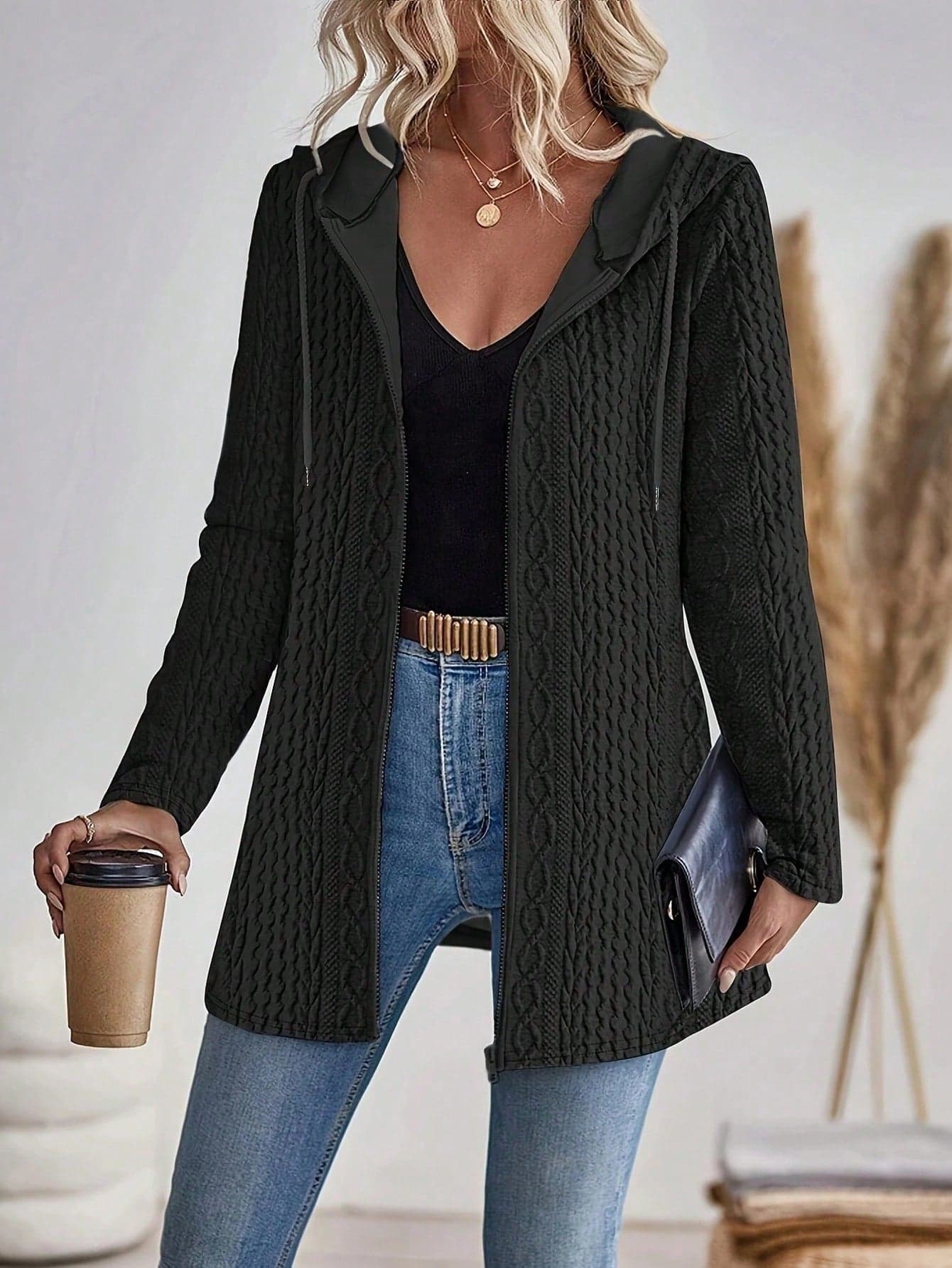 Plus Size Women's Fashion Autumn/Winter Elegant Textured Solid Color Zipper Hooded Cardigan Sweater Black Spring