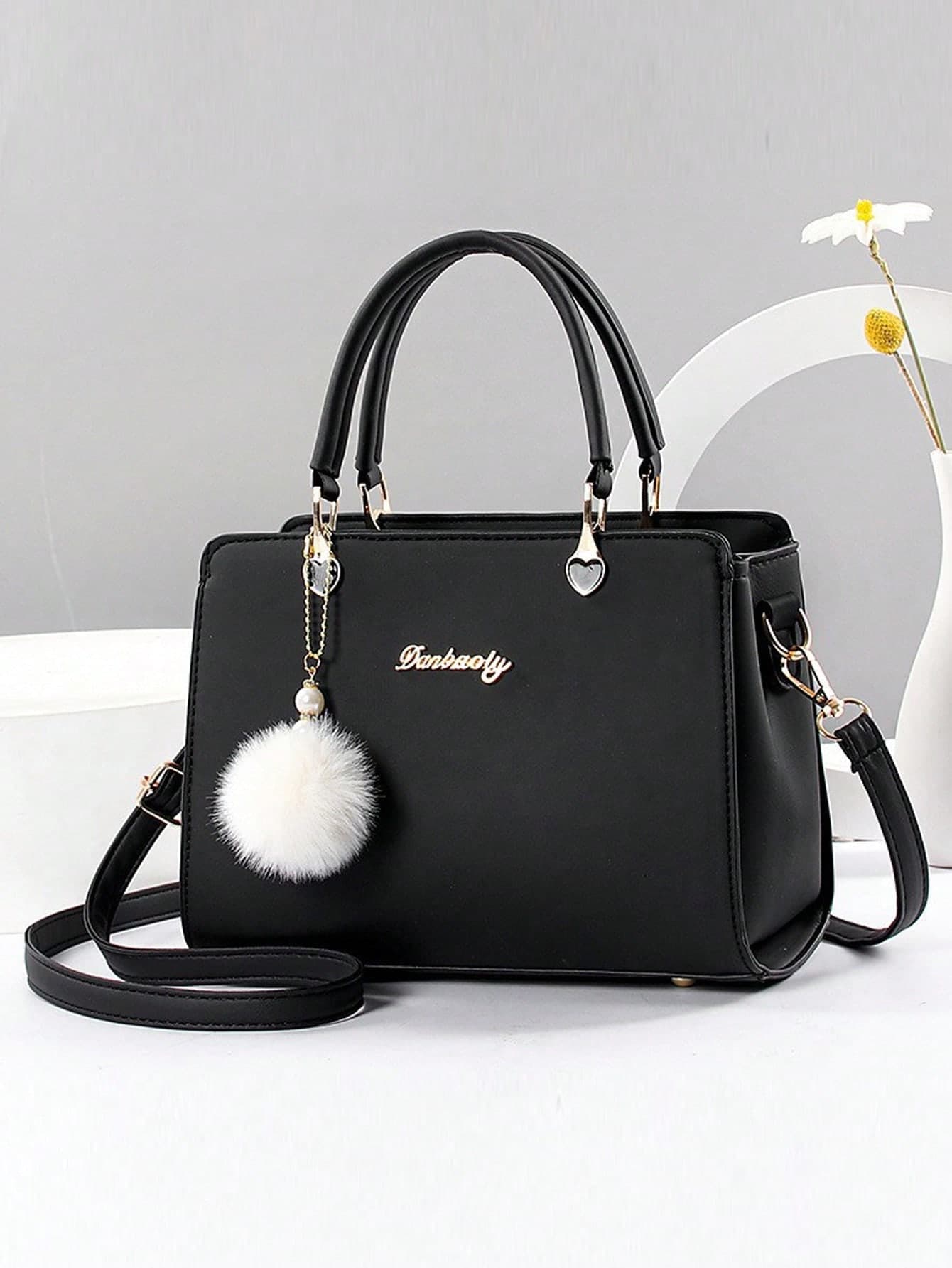 2pcs/1pc Women Solid Color Handbag And Wallet Set With PU Leather And Fur Ball Charm, Zipper Closure, Mother's Day/Valentine's Day Gift, Elegant Ladies Tote Bag, Shoulder Bag, Crossbody Bag, Large Capacity Handbag