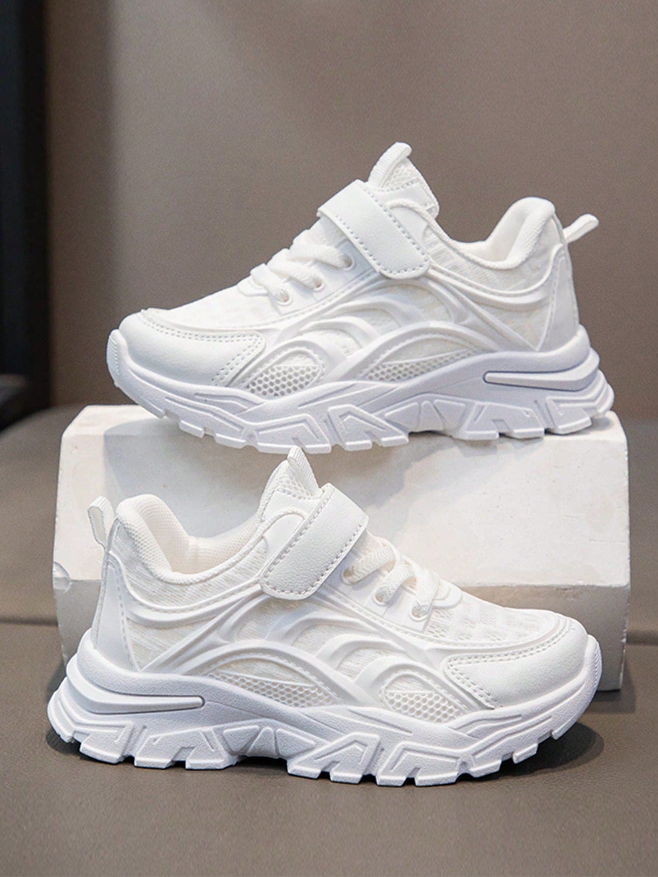 Kids' Mesh Breathable White Sneakers, Big Kids' Elastic Lace-Free Athletic Shoes, Student Casual Running Shoes For All Seasons