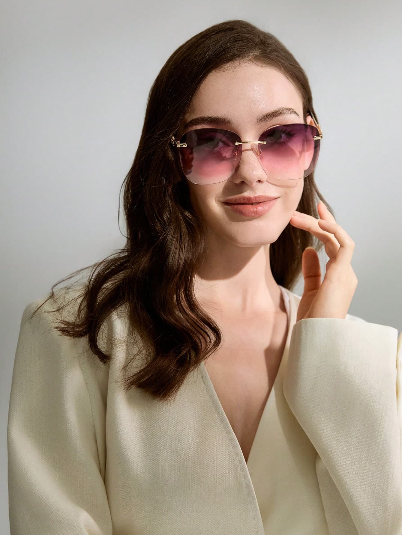 1pair Women Rimless Ombre Lens Geometric Pink UV Protection Y2K Boho Sunglasses For Musical Festival Rave Party Accessories Basics And Suit For Sweater Jeans Sweatpants Hoodie Jackets Dress And Long Sleeve Shirt Winter Gifts
