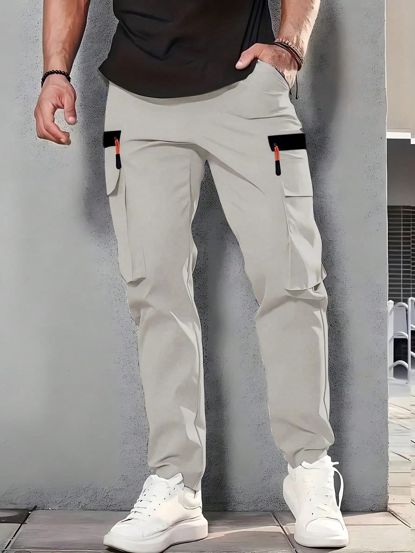 Men's Outdoor Hiking, Fishing, Camping, Mountaineering, Fitness, Running And Casual Fashion Workwear Pants With Zipper Pockets, Elastic Waistband, Slant Pockets, Straight Leg, Gray Sports