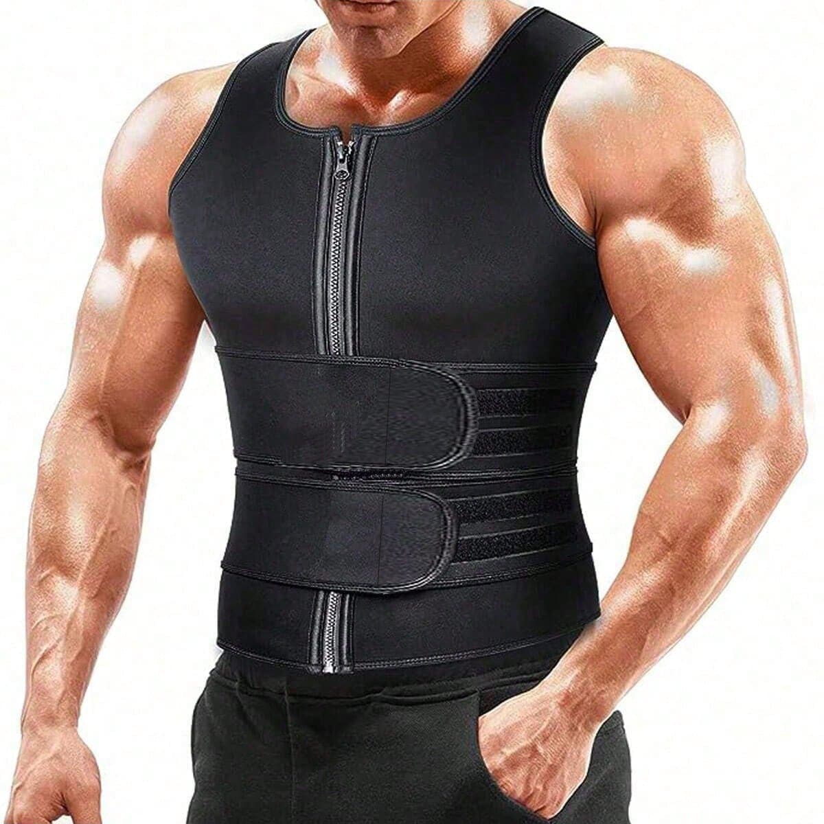 Men's Double Strap Vest With Rubber Reinforcement, Sweat Absorbent, Adjustable Waist, Zipper &" "& For Body Shaping And Workout Posture Corrector Waist Trainer Tummy Control Sweat Belt Waist Trimmer And Exercise Waist Belt