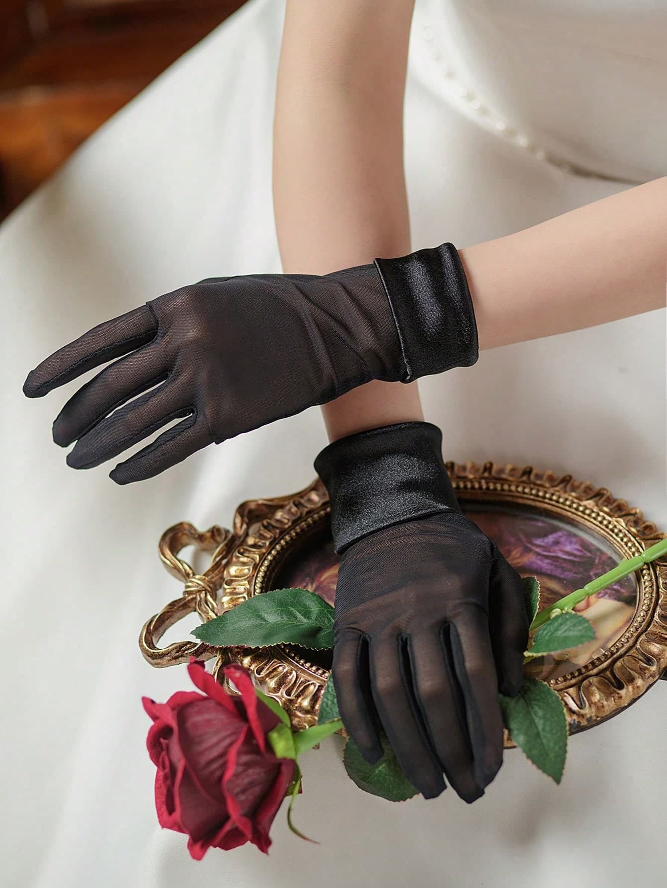 1 Pair High Elastic Satin Trim Bridal Gloves, Suitable For Parties, Dates, Weddings And Other Occasions Autumn Accessories