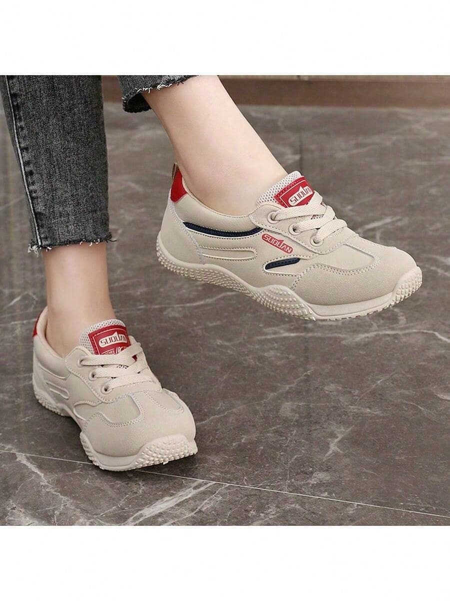 New Women's Casual Sports Shoes, Thick Sole Sneakers, Running Shoes, White Shoes, Round Toe, Lace-Up, Mesh And Leather Patchwork, Breathable, Versatile, Deep Cut, Fashion Print And Graffiti, Preppy Style, Student Shoes, Outdoor Hiking Casual Shoes