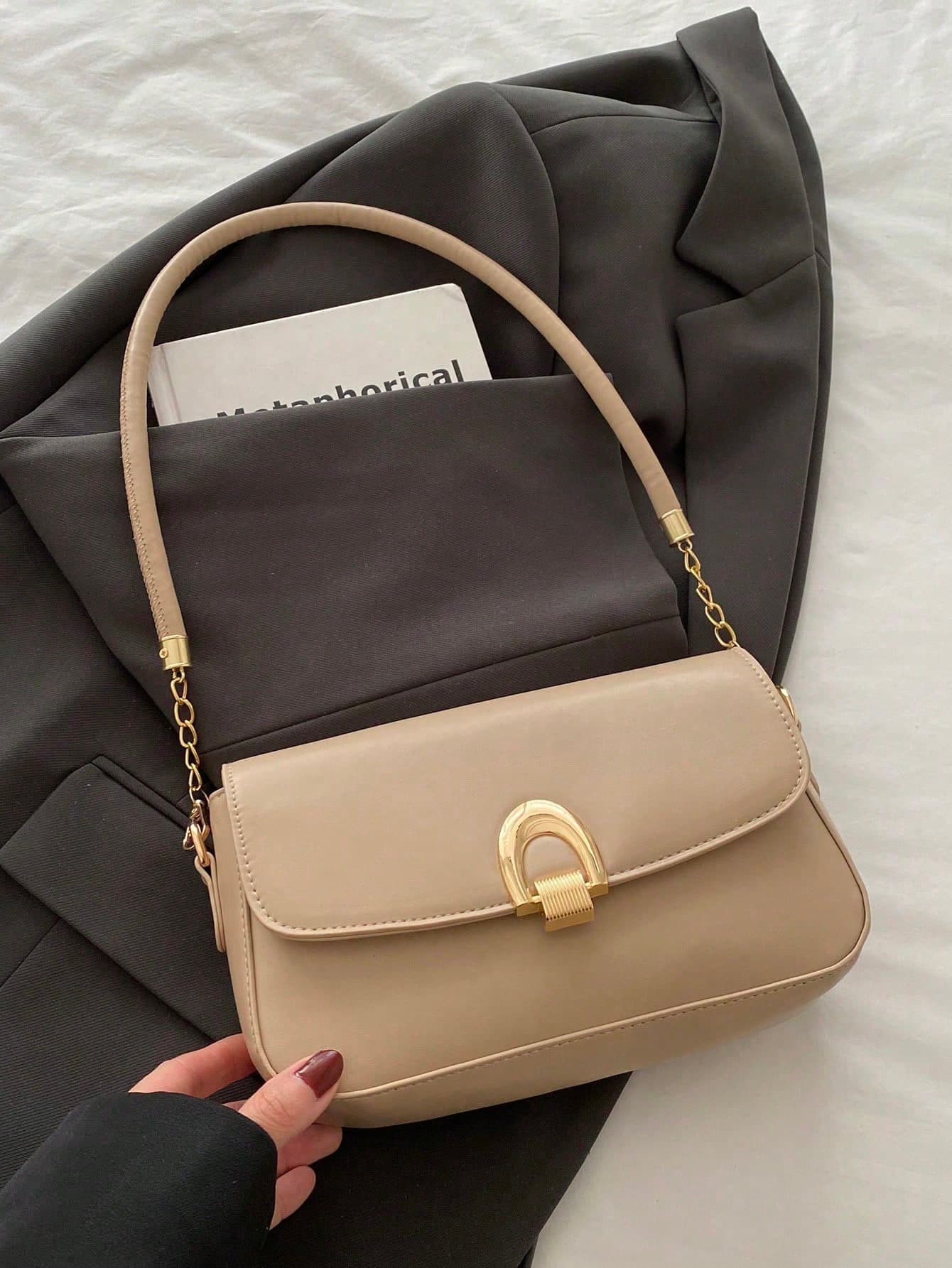 Fashionable Solid Color Metal Decor Multi-Function Underarm Shoulder Bag, Suitable For Shopping, Wallet, Young Women, College Students, Newbies, White Collars. It Is Perfect For Office, University, Work, Business, Commuting, Outdoor Activities, Travel And Outing
