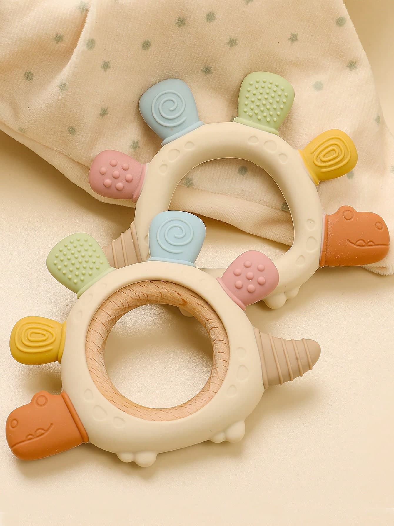 Baby Silicone Teething Toy Brachiosaurus, Cute Wooden Dinosaur Ring Rattle Toy, Easy To Grip, Cartoon Dinosaur Shape, Infant Toddler Accessory, Baby Teething Gift