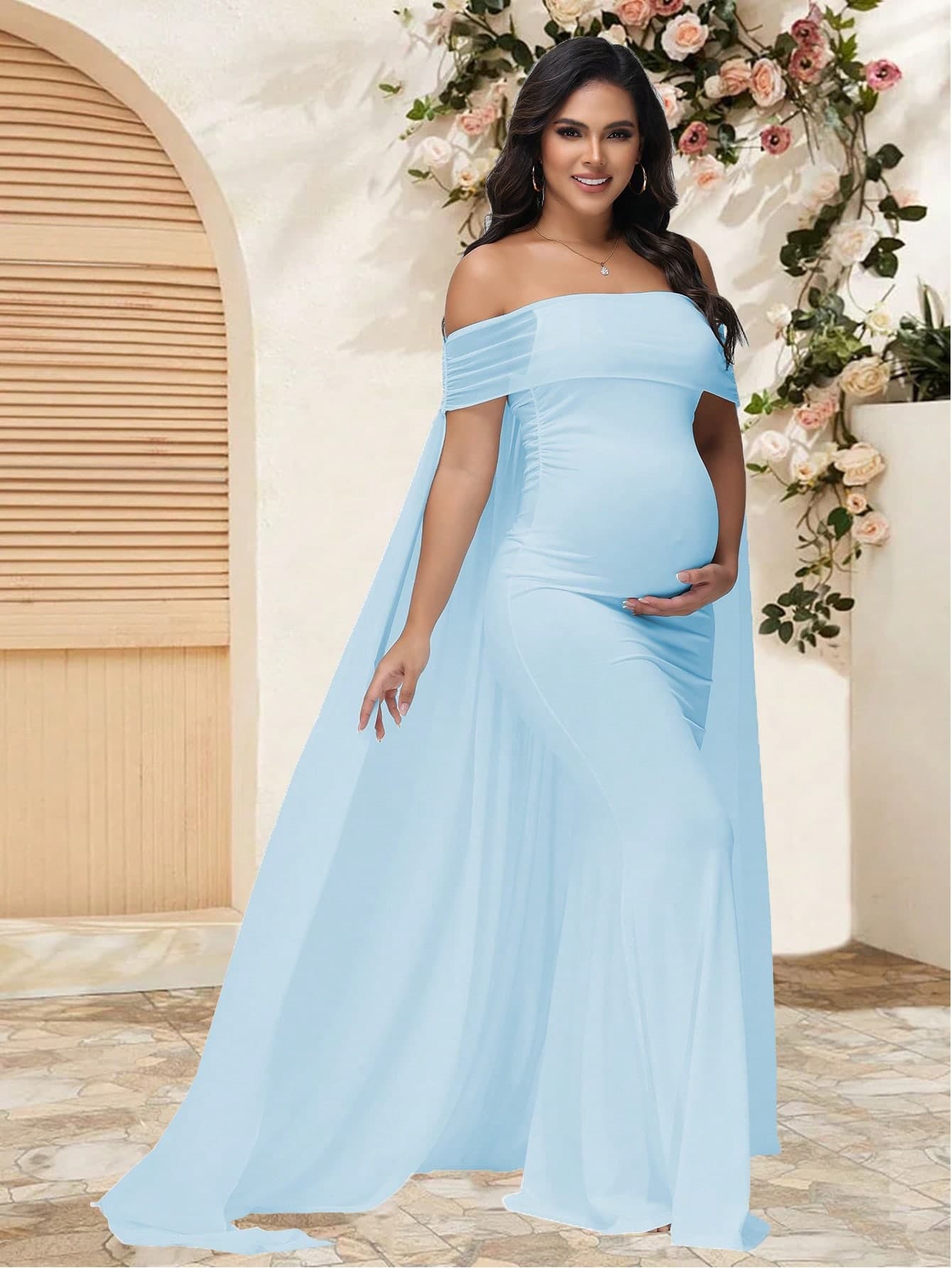 JustVH Elegant Maternity Sheer Shoulder Dress, Suitable For Baby Shower Party, Hooded Long Dress Spring