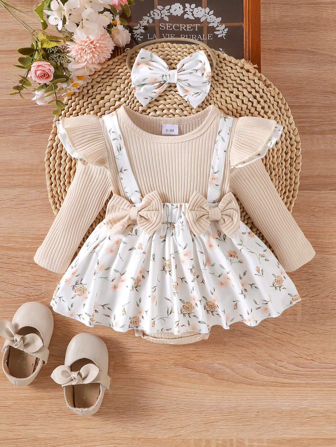 1pc Baby Girl Round Neck Long Sleeve Harem Dress With Headband, Thin Spring/Autumn Forest Style Sweet