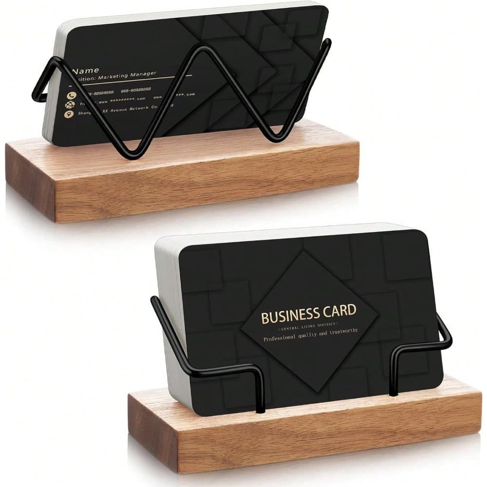 1 Piece Wood Business Card Holder For Desk Wooden Business Card Display Stand Postcard Holder For Office Home Desktop Elegant Wooden Business Card Holders With Golden Metal Accents - Desk Organizer For Office & Home, Sturdy Display Stand For Cards & Postcards, Office Supplies And Accessories