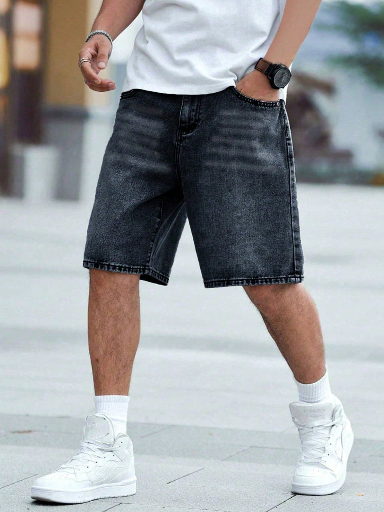 European And American Style Black Casual Slim-Fit Straight Denim Shorts For Teenagers